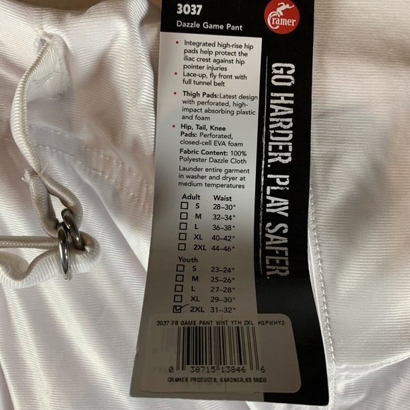 Cramer Dazeel Game Pants Youth 2XL White 100% Polyester High-Rise 7 Pad‎ 6917 - Picture 3 of 7